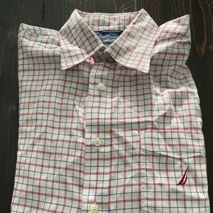 Used Men's Nautica White and Red Long Sleeve Button Down Large